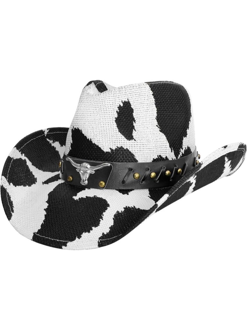 Men's Black Cow Pattern Elastic Closure Straw Wide Shapeable Brim Western Hat